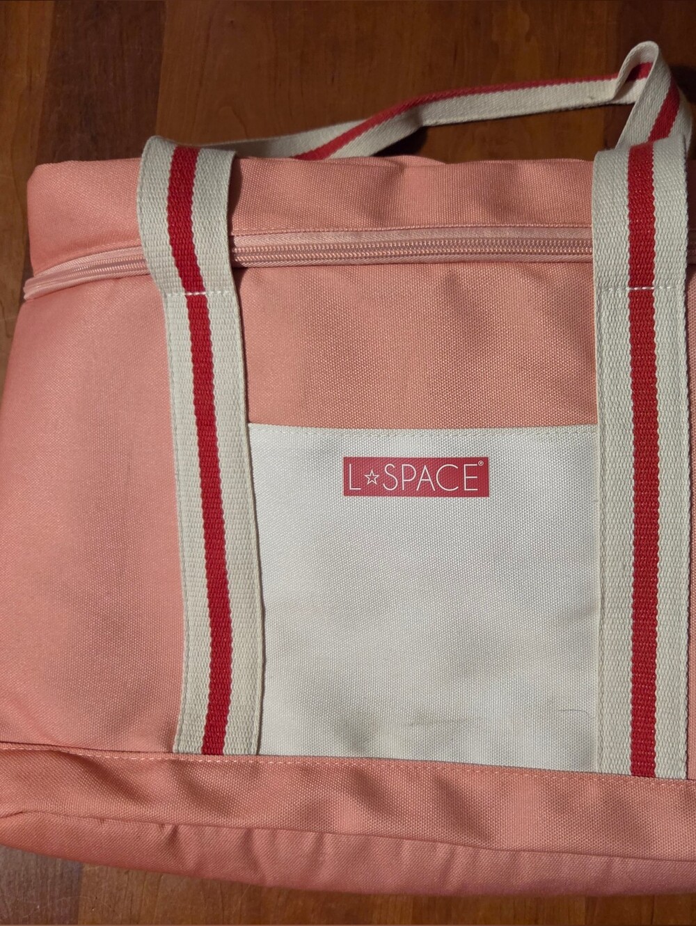 l*space Pink and White Canvas Tote with Red-Strap Accents